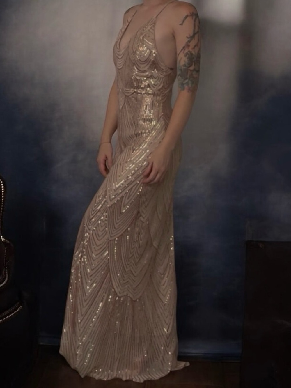 Long Elegant Champagne Sequin Gown